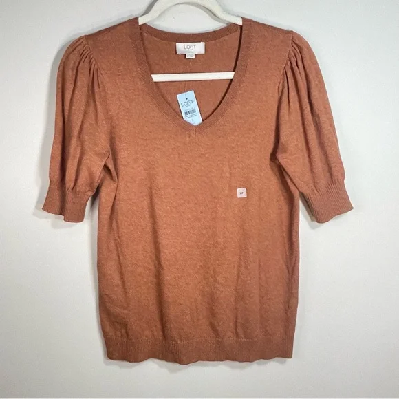 NWT Loft Brown V-Neck Short Sleeve Ribbed Hem Size Women Petite Small Retail $49 - Picture 6 of 6